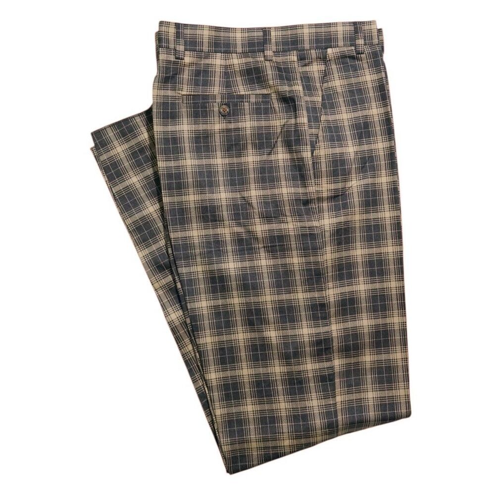 Mens 34 Plaid Chino Pants Beige Gray Check Cotton Flat Front Straight Trousers